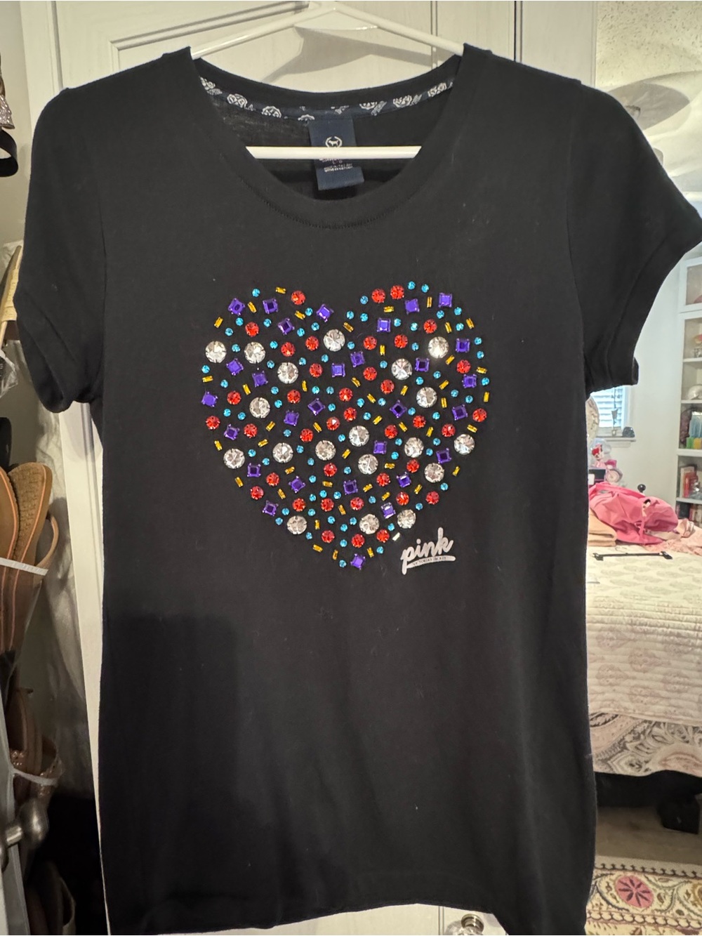 PINK Victoria's Secret Black Tee with Multicolor Gem Heart
